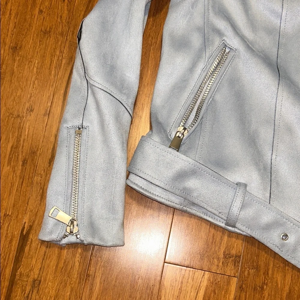 H&M Girls Size 12 Light Blue Faux Leather Moto Biker Jacket Belted